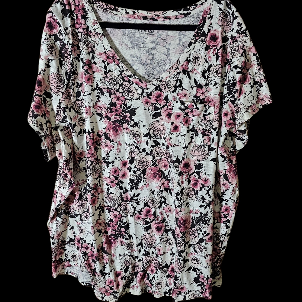 Torrid Pink and Black Floral Short Sleeve Top